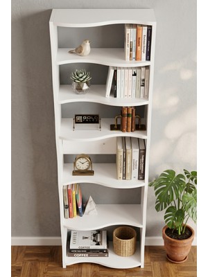 Just Cheap Store Kitaplık 5 Raflı Esinti Modern Çok Amaçlı Dekoratif Raf Ünitesi Geniş Kütüphane Ofis Kitaplığı 7081 Beyaz