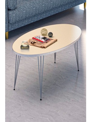 Just Cheap Store Gümüş Tel Oval Sehpa Krem Bej