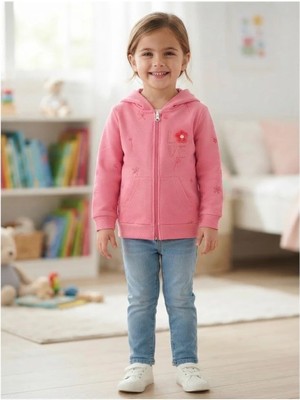 Erca Home Tekstil Ürünleri %100 Pamuklu Şardonsuz Iki Iplik Papatya Desen Fermuarlı Kız Hırka 12 Ay,2y,3y,4y Kız