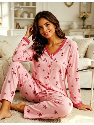 NiCe İç Giyim Kadın Pembe Çiçek Desenli Uzun Kollu Düğmeli Dantel Detaylı Pijama Takımı Rahat Ev Giyim