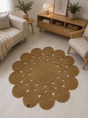 Rönesans Tekstil Yuvarlak Jüt Halı Çiçek Formlu Bohem Dekoratif Kilim – Papatya