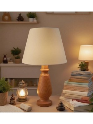 Veramoni Manolya Masa Abajuru Ahşap Gövde Kumaş Başlık Dekoratif Masa Lambası Gece Lambası