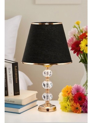 Veramoni 3 Taşlı 55 cm Masa Abajuru Cam Gövde Kumaş Başlık Metal Ayaklı Gece Lambası Aydınlatma
