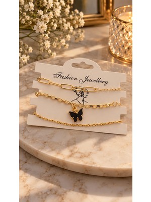 Trendy Chic 3 Adet Gold Renk Siyah Kelebek Charmlı Bileklik