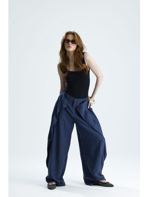 Gaca Collection Zena Düğme Detaylı Kapaklı Tasarım Indigo Renk Bol Paça Pantolon