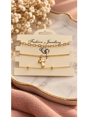 Trendy Chic 3 Adet Gold Renk Mantar Charmlı Bileklik