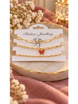 Trendy Chic 3 Adet Gold Renk Kelebek Charnlı Bileklik