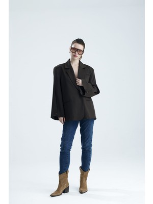 Gaca Collection Manarola Oversize Kahverengi  Blazer Ceket - Açık/kesik Kol Detaylı