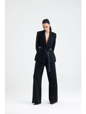 Gaca Collection Toledo Siyah Deri Kuşaklı Oversize Kadın Blazer Ceket