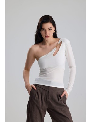 Gaca Collection Valetta Tek Kol Zincir Detaylı Ekru Kadın Body