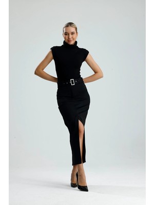 Gaca Collection Velara Yüksel Bel Kemerli Maxi Siyah Etek