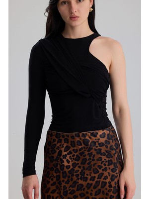 Gaca Collection Olinda Siyah Drapeli Tek Kol Asimetrik Kadın Body
