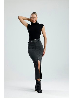 Gaca Collection Velara Yüksel Bel Kemerli Maxi Gri Etek
