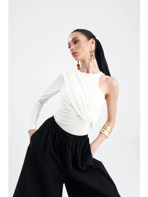 Gaca Collection Olinda Ekru Drapeli Tek Kol Kadın Body Suit