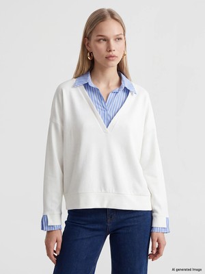 Lc Waikiki Yeni Sezon Ekru Gömlek Yaka Çizgili Kadın Sweatshirt