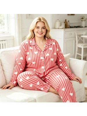 NiCe İç Giyim Battal Büyük Beden Kalpli Çizgili Uzun Kollu Pijama Takımı Rahat Kesim Pembe Kadın Pijama Seti (3xl-4xl-5xl Beden)