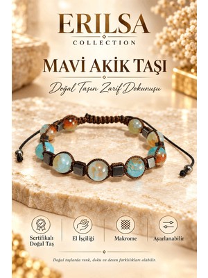 Erilsa Sertifikalı Mavi Akik Taşı Hematit Aparatlı Ayarlanabilir El Işçiliği Makrome Doğal Taş Bileklik