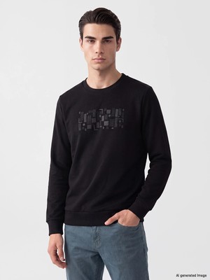 Lc Waikiki Yeni Sezon Siyah Bisiklet Yaka Baskılı Erkek Sweatshirt