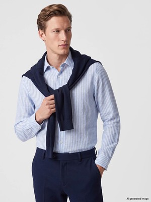 Lc Waikiki Yeni Sezon Mavi Regular Fit Çizgili %100 Keten Erkek Gömlek
