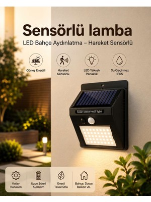 Birsence Sensörlü, Güneş Enerjili LED Duvar Lambası Bahçe ve Balkon Aydınlatma