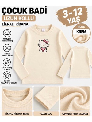 Kız Çocuk Krem Hello Kitty Baskılı Likralı Ribana Uzun Kollu Badi