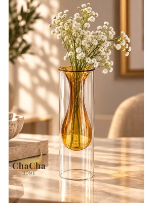 Chacha Home Çift Cidarlı Renkli Cam Vazo 21,5 x 6,5 cm Modern Dekoratif