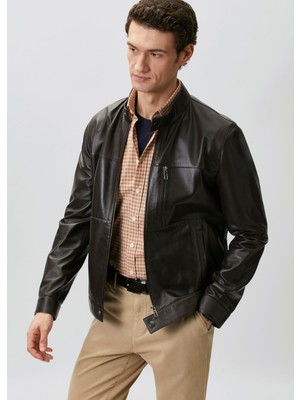Network Brown Chest Pocket Detail Leather Jacket