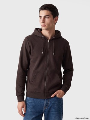 Lc Waikiki Yeni Sezon Kahverengi Kapüşonlu Erkek Fermuarlı Sweatshirt