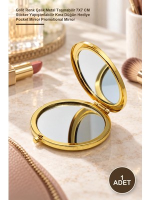 Yenilig 1 Adet Promosyon Cep Aynası – Gold Renk Çelik Metal Taşınabilir 7x7 cm Sticker Yapıştırılabilir Kına Düğün Hediye Pocket Mirror Promotional Mirror