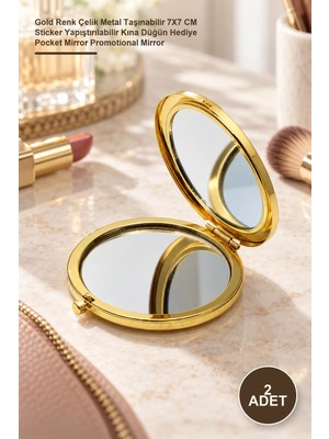 Yenilig 2 Adet Promosyon Cep Aynası – Gold Renk Çelik Metal Taşınabilir 7x7 cm Sticker Yapıştırılabilir Kına Düğün Hediye Pocket Mirror Promotional Mirror