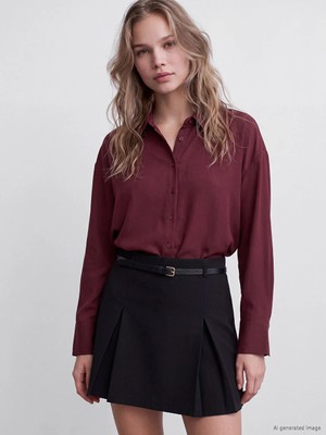 Lc Waikiki Yeni Sezon Bordo Oversize Poplin Kadın Gömlek