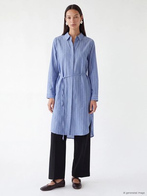 Lc Waikiki Yeni Sezon Indigo Çizgili Oversize Kadın Gömlek Tunik