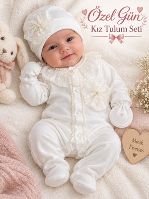 Sönmez Bebe Özel Gün Kız Tulum Inci ve Fisto Detaylı Üç Parça Kız Tulum Mevlütlük Kız Tulum Seti