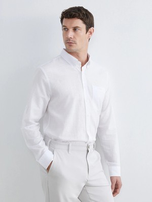 Lc Waikiki Yeni Sezon Beyaz Regular Fit Keten Karışımlı Erkek Basic Gömlek