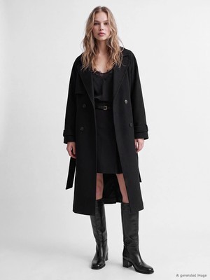 Lc Waikiki Yeni Sezon Siyah Kruvaze Yaka Oversize Kadın Kaşe Kaban