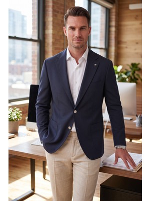 Deepsea Erkek Slim Fit Likralı Koyu Lacivert Blazer Ceket – Metal Düğmeli Torba Cepli Spor Ceket 2600828