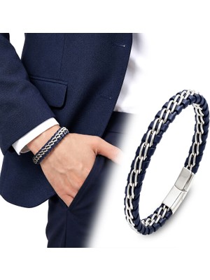 Moncuk Design Lacivert Çift Zincir Çelik ve Deri Bileklik 33514B2D6