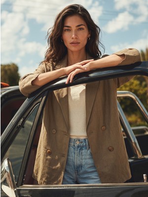 Juuuj Açık Vizon Kruvaze Yaka Düşük Omuz Oversize Dört Düğme Detaylı Geniş Kesim Blazer Ceket
