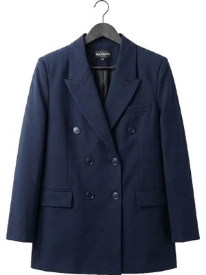 Juuuj Lacivert Dokuma Kumaş Kruvaze Yaka Uzun Kollu Oversize Dört Düğmeli Kapaklı Cepli Blazer Ceket