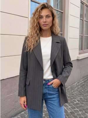 Juuuj Füme Pamuklu Karışımlı Uzun Kollu Oversize Kapaklı Cep Detaylı Blazer Ceket