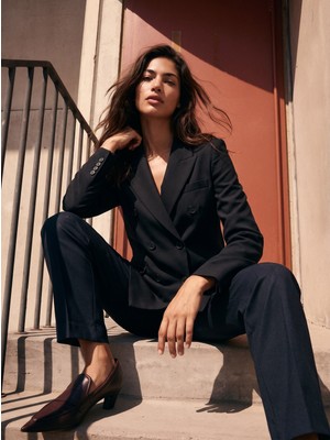Juuuj Siyah Dokuma Kumaş Kruvaze Yaka Oversize Geniş Kesim Altı Düğmeli Cepli Blazer Ceket