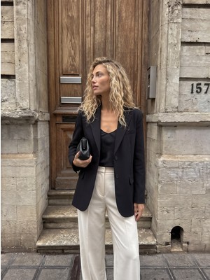 Juuuj Siyah Dokuma Kumaş Uzun Kollu Oversize Rahat Kalıp Önü Iki Düğmeli Klasik Blazer Ceket