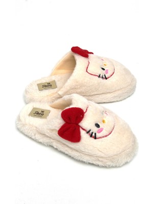 Juuuj Ekru Yumuşak Dokulu Esnek Yapılı Kaymaz Tabanlı Hello Kitty Figürlü Detaylı Ev Terliği