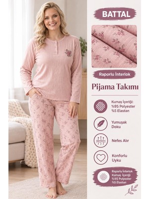 Lindros Kadın Düğme Yaka Raporlu Interlok Kışlık Battal Pijama Takımı 03017 - 1 Adet
