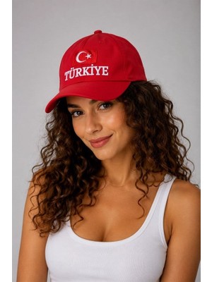 Juuuj Kırmızı Yıkanmış Pamuklu Kot Kumaş Ayarlanabilir Türkiye Yazı Baskılı Nakış Detaylı Şapka