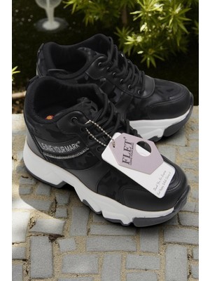 Juuuj Siyah Gizli Topuklu Tabanlı Bağcıklı Rahat Form Günlük Kullanım Sneaker Spor Ayakkabı