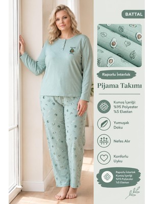 Lindros Kadın Düğme Yaka Raporlu Interlok Kışlık Battal Pijama Takımı 02797 - 1 Adet