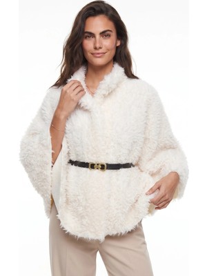 Juuuj Beyaz Polyester Kumaş Yumuşak Dokulu Kemer Detaylı Peluş Form Rahat Kesim Panço