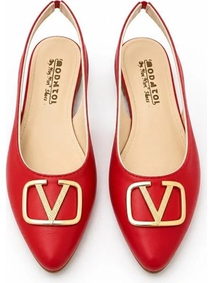Juuuj Kırmızı Yumuşak Tabanlı Gold Toka Detaylı Arkası Açık Slingback Model Rahat Form Babet