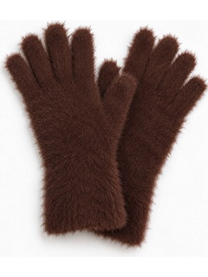 Juuuj Kahve Peluş Dokulu Yumuşak Esnek Yapılı Bilek Boy Tam Parmak Formlu Örme Eldiven